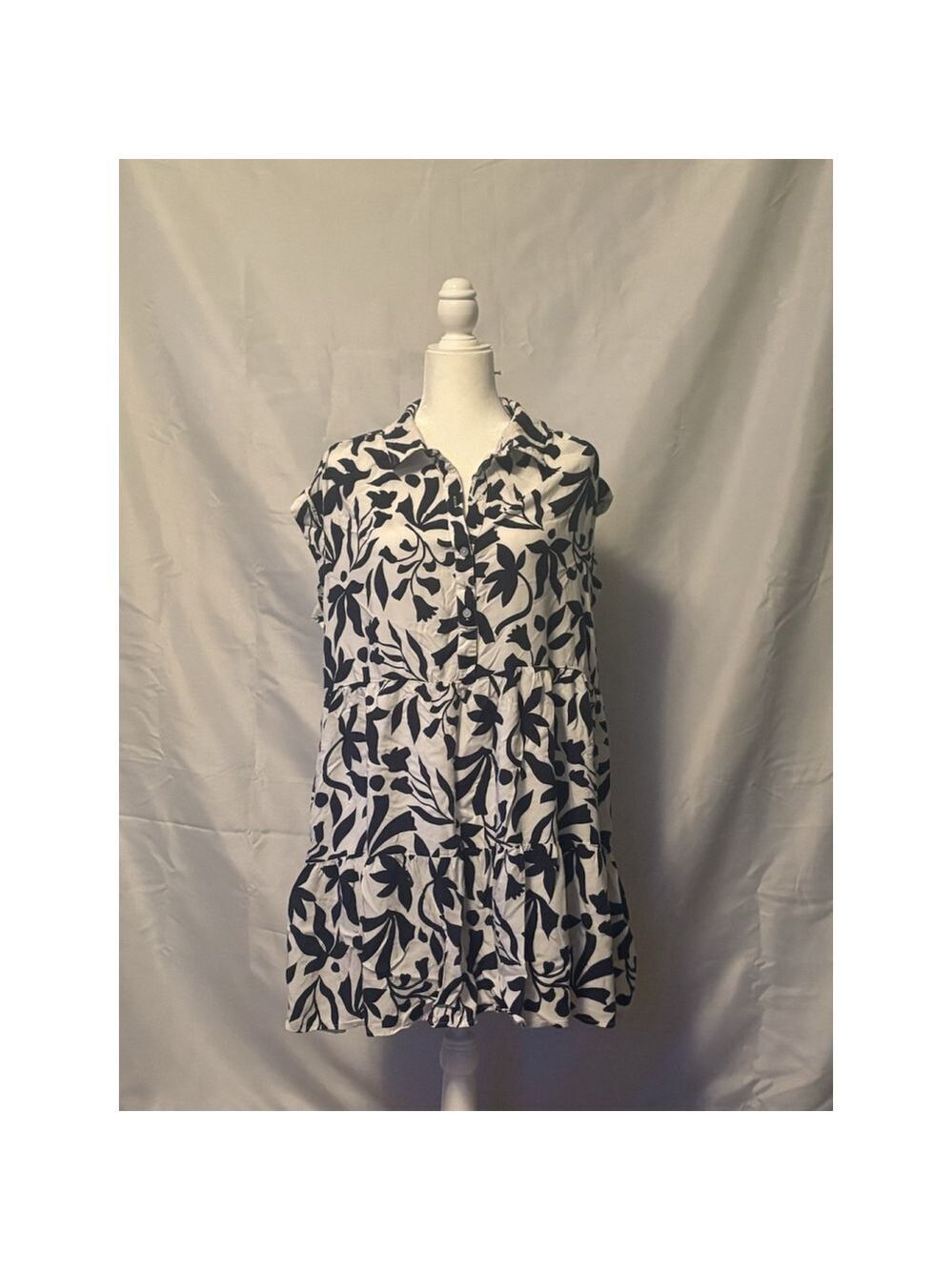 Time and Tru Tiered Mini Shirt Dress XXL 20 Blue White Floral Sleeveless Boho